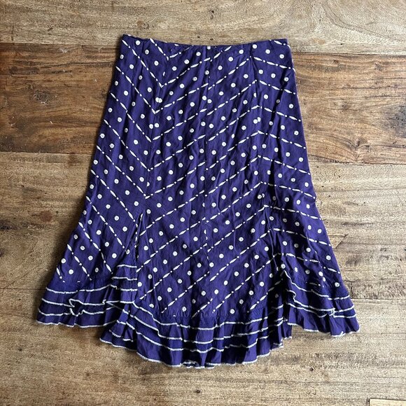 Anthropologie Odille Cotton & Silk Ruffle Bottom NAVY BLUE Midi Skirt SIZE 2 EUC - Picture 1 of 4